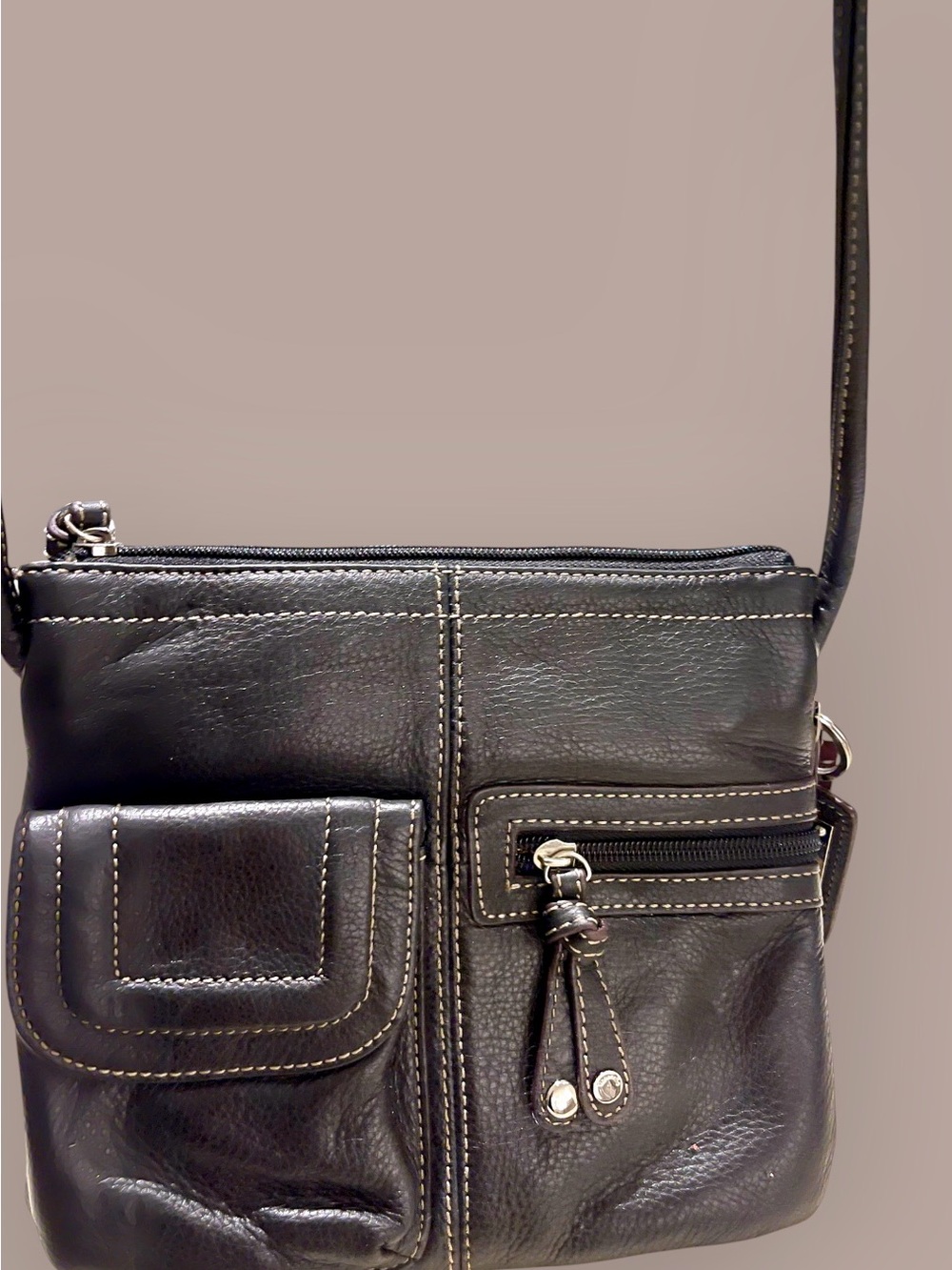 Tignanello Black Leather Crossbody with Front Pockets and Zipper Details